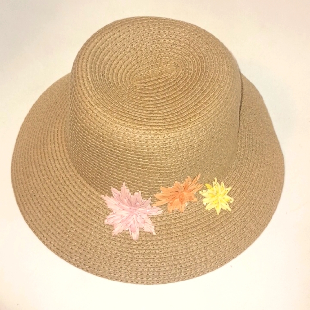 STEVE MADDEN STRAW NATURAL WOVEN HAT WITH EMBROIDERY FLOWERS
